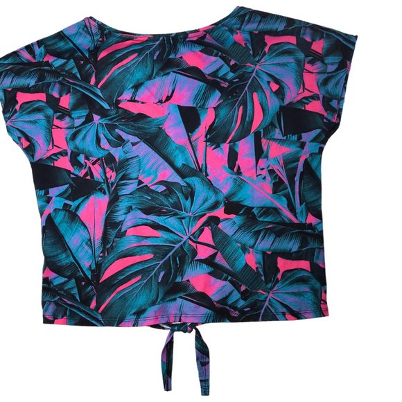 New NWT 4F Crop Top Shirt, Blue Pink Tropical Print Women's M, Floral, Hawaiian - Picture 9 of 12